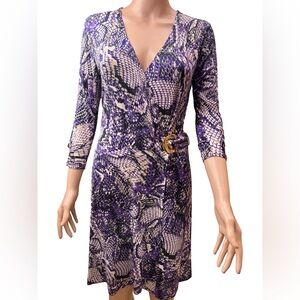 Cache Purple and Black Snakeskin  Patterned Belted V-Neck Wrap Dress Small